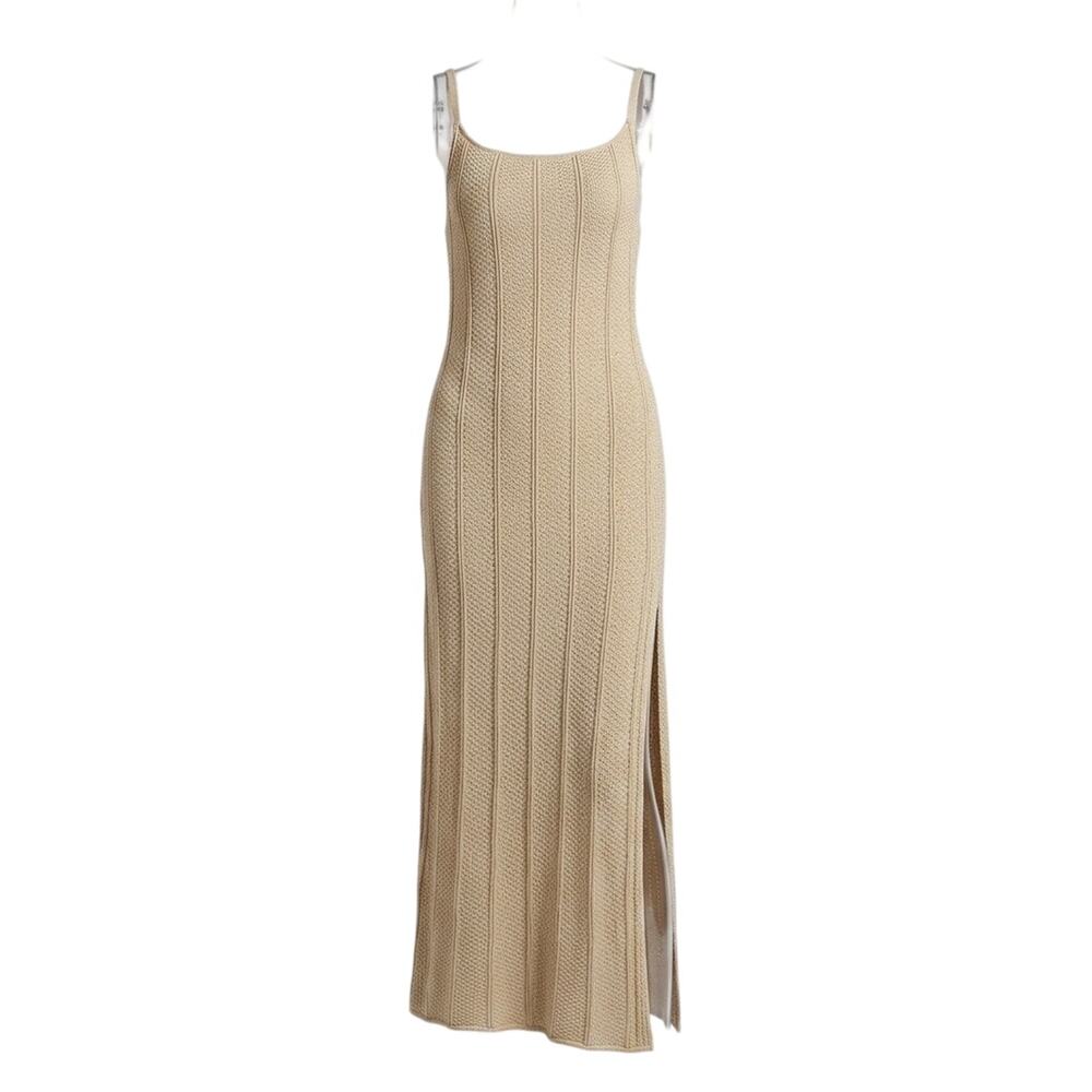 PrettyLittleThing Tan Knit Maxi Dress US 6 Crocheted High Side Slit Boho Beach